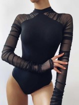 Body a maniche lunghe con patch in rete nera sexy autunnale
