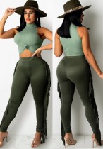 Autunno Sexy Verde Collo Alto Senza Maniche Top E Nappe Pantalone Due Pezzi Set