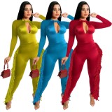 Fall Fashion Red Hollow Out Long Sleeve Tassels Jumpsuit