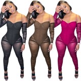 Fall Sexy Pink Off Shoulder See Through Jumpsuit