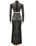 Fall Sexy Black Rhinestone High Neck Long Sleeve Crop Top And Long Dress Two Piece Set