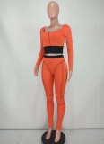 Fall Sexy Orange Contrast Tight Crop Top and Pants Set