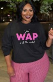 Winter Plus Size Casual Black Letter Print Long Sleeve Round Neck Sweatershirt