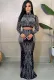 Fall Sexy Black Rhinestone High Neck Long Sleeve Crop Top And Long Dress Two Piece Set