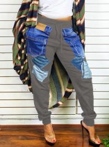 Winter Casual Dk-Grey Patched Jeans Print Pocket Jogging Pant