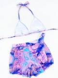 Summer Sexy Purple Pinted Halter Bikni and Beach Shorts 3pcs Swimsuit