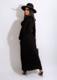 Winter Sexy Black Round Neck Sleeveless With Belt Dress And Long Coat Two Piece Set