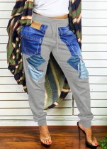 Pantalone da jogging tascabile con stampa jeans con patch grigio casual invernale