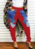 冬のカジュアルな赤いパッチを当てたジーンズプリントポケットジョギングパンツ