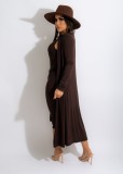 Winter Sexy Brown Round Neck Sleeveless With Belt Dress And Long Coat Two Piece Set