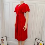 Autumn Formal Red V-Neck Pleated Office Dress with Belt