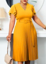 Autumn Formal Yellow V-Neck Pleated Office Dress with Belt