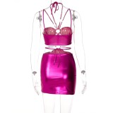 Summer Rose Metallic Sexy Keyhole Hollow Out Strap Mini Party Dress