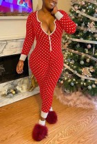 Winter Plus Size Red Polka Print Button Up Onesie Christmas Pajama Jumpsuit