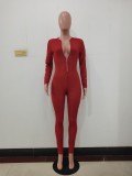 Fall Party Red Zipped Up Sexy Long Sleeve Bodycon Jumpsuit