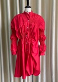 Autumn Casual Red Oversizes O-Neck Pleated Blouse Dress
