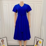 Autumn Formal Royal V-Neck Pleated Office Dress with Belt