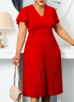 Autumn Formal Red V-Neck Pleated Office Dress with Belt