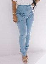 Jeans normais de cintura alta com zíper azul de inverno