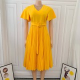 Autumn Formal Yellow V-Neck Pleated Office Dress with Belt