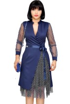 Autumn Plus Size Formal Mesh Patch Polka Dot Blue Knee-Length Office Dress
