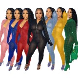 Fall Party Pink Zipped Up Sexy Long Sleeve Bodycon Jumpsuit