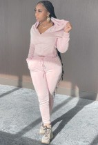 Set di due pezzi con top corto e pantaloni rosa casual invernale con cappuccio