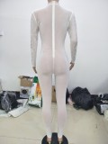 Winter White Beaded Sexy Long Sleeve Tight Party Jumpsuit
