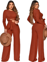 Winter Orange Knit Casual Tied Crop Top and Pants Two Piece Set