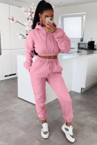 Winter Pink Sports Blank Fleece Kapuzen Crop Top und Hose Zweiteiliger Sweatsuit