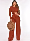 Winter Orange Knit Casual Tied Crop Top and Pants Two Piece Set