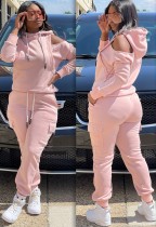 Winter Pink Blank Cut Out Hombro con capucha 2PC Pantalones Sweatsuit