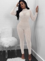 Winter White Beaded Sexy Long Sleeve Tight Party Jumpsuit