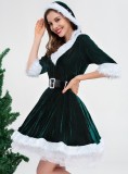 Green Santa Women V-Neck Hooded Dress Christmas Costume with Belt