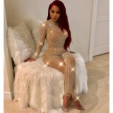 Winter Beige Beaded Sexy Long Sleeve Tight Party Jumpsuit
