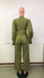 Fall Fashion Green Turn Down Collar Wide Long Sleeves Loose Jumpsuit