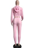 Winter Pink Sports Blank Fleece Hooded Crop Top and Pants Two Piece Sweatsuit