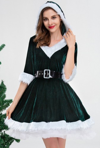 Costume da Babbo Natale verde con scollo a V da donna con cappuccio e cintura