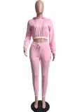 Winter Pink Sports Blank Fleece Hooded Crop Top and Pants Two Piece Sweatsuit