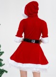 Red Santa Women V-Neck Hooded Dress Christmas Costume with Belt