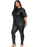 Winter Black Leather Short Sleeve Top and Pants Two Piece Plus Size Set