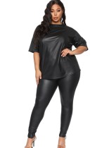 Winter Black Leather Short Sleeve Top and Pants Two Piece Plus Size Set