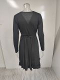 Fall Casual Black Wrap Neck Long Sleeve Pleated Mini Dress