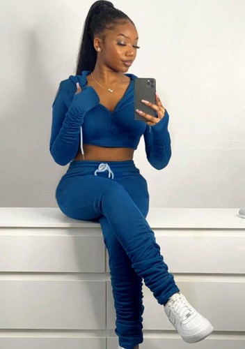 Winter Blue Cut Out Shoulder Hooded Crop Top and Stacked Pants 2 Piece Sweatsuit