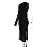 Fall Sexy Stylish Rib Black One Shoulder Hoody Mini Dress