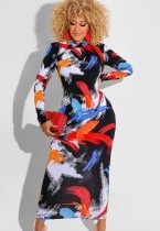 Winter Multi-Color Print Full Sleeve Langes, figurbetontes Kleid