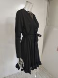 Fall Casual Black Wrap Neck Long Sleeve Pleated Mini Dress