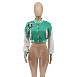 Autumn Mint Green Color Block Button Up Baseball Jacket
