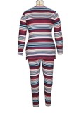 Winter Print Striped Tight Top and Pants Plus Size Two Piece Set