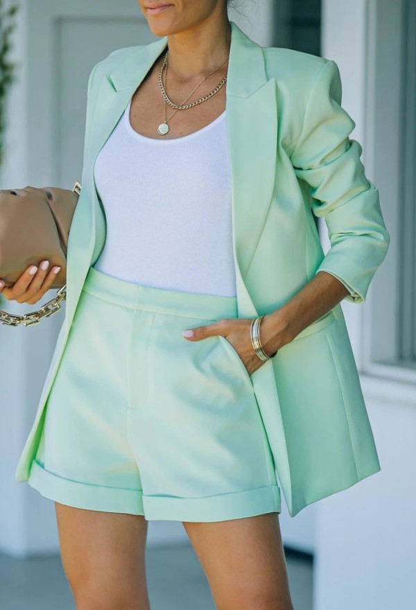 Autumn Green Professional Blazer and Shorts Two Piece Set